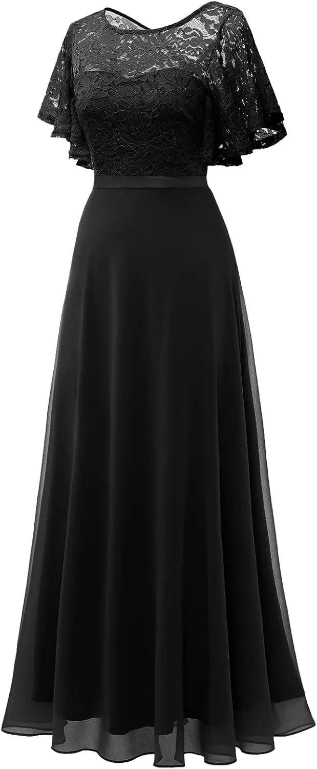 DRESSTELLS Lace Wedding Guest Formal Dresses, V-Back Empire Waist Bridesmaid Prom Party Evening Gown 2025