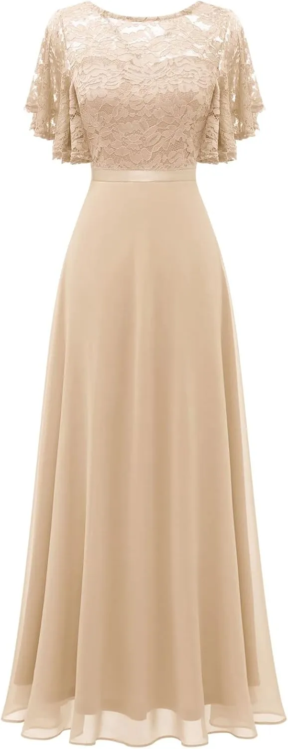 DRESSTELLS Lace Wedding Guest Formal Dresses, V-Back Empire Waist Bridesmaid Prom Party Evening Gown 2025