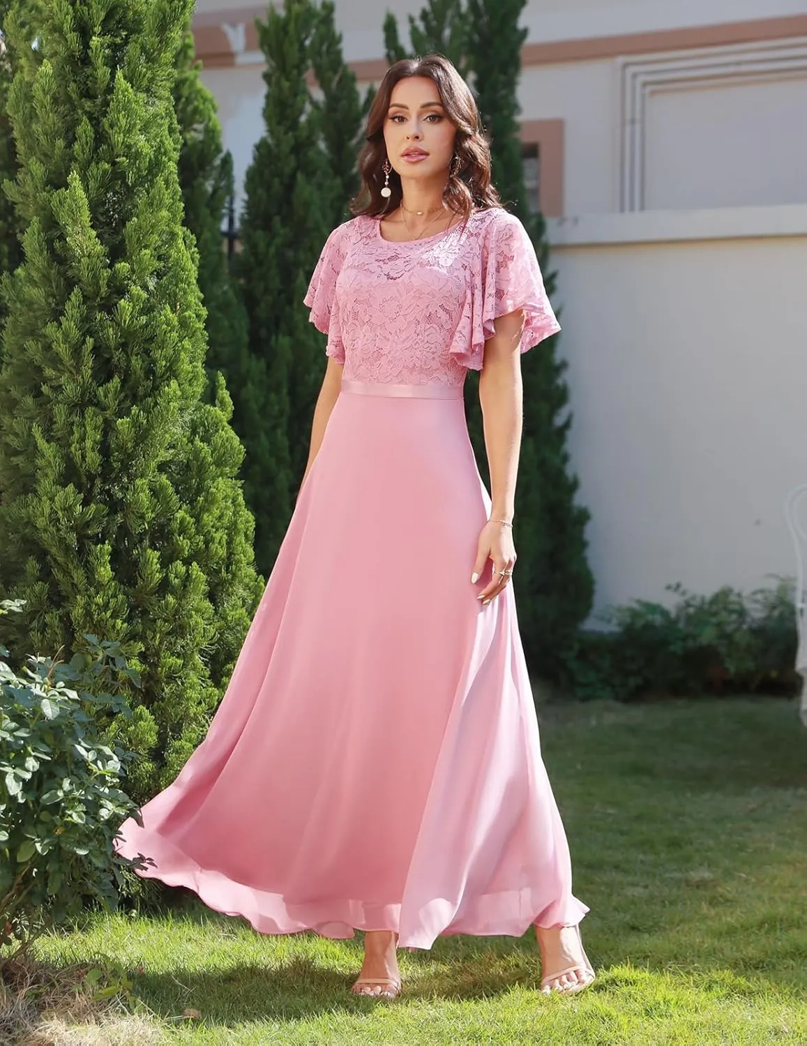 DRESSTELLS Lace Wedding Guest Formal Dresses, V-Back Empire Waist Bridesmaid Prom Party Evening Gown 2025