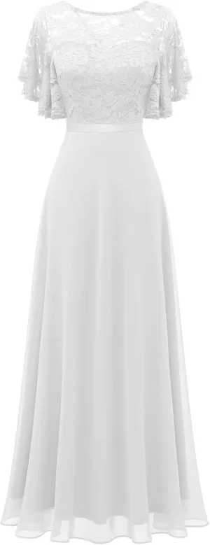 DRESSTELLS Lace Wedding Guest Formal Dresses, V-Back Empire Waist Bridesmaid Prom Party Evening Gown 2025
