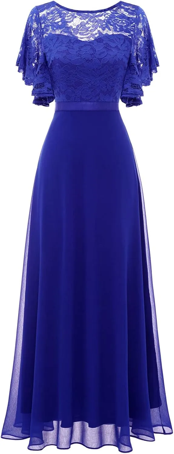DRESSTELLS Lace Wedding Guest Formal Dresses, V-Back Empire Waist Bridesmaid Prom Party Evening Gown 2025