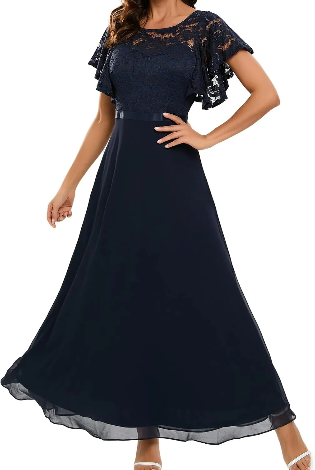 DRESSTELLS Lace Wedding Guest Formal Dresses, V-Back Empire Waist Bridesmaid Prom Party Evening Gown 2025