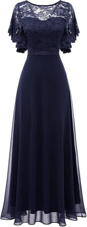 DRESSTELLS Lace Wedding Guest Formal Dresses, V-Back Empire Waist Bridesmaid Prom Party Evening Gown 2025
