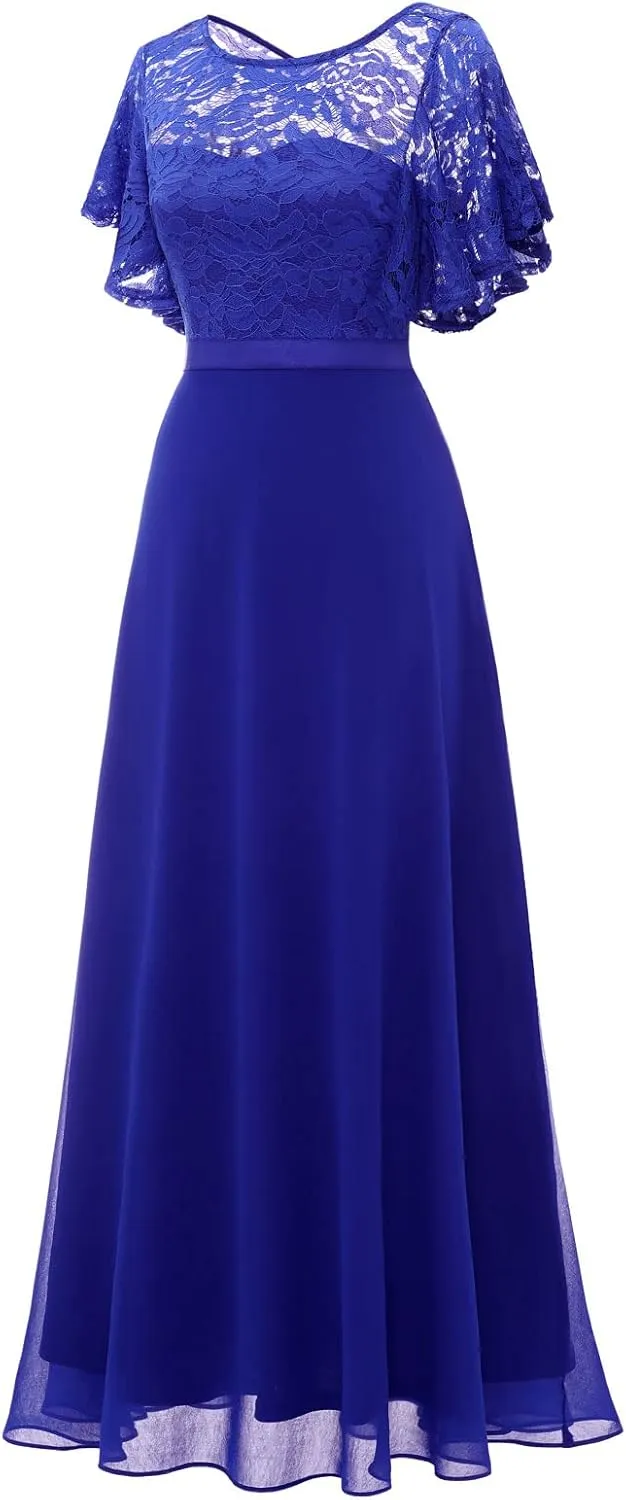 DRESSTELLS Lace Wedding Guest Formal Dresses, V-Back Empire Waist Bridesmaid Prom Party Evening Gown 2025