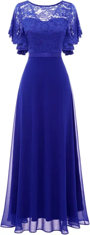 DRESSTELLS Lace Wedding Guest Formal Dresses, V-Back Empire Waist Bridesmaid Prom Party Evening Gown 2025