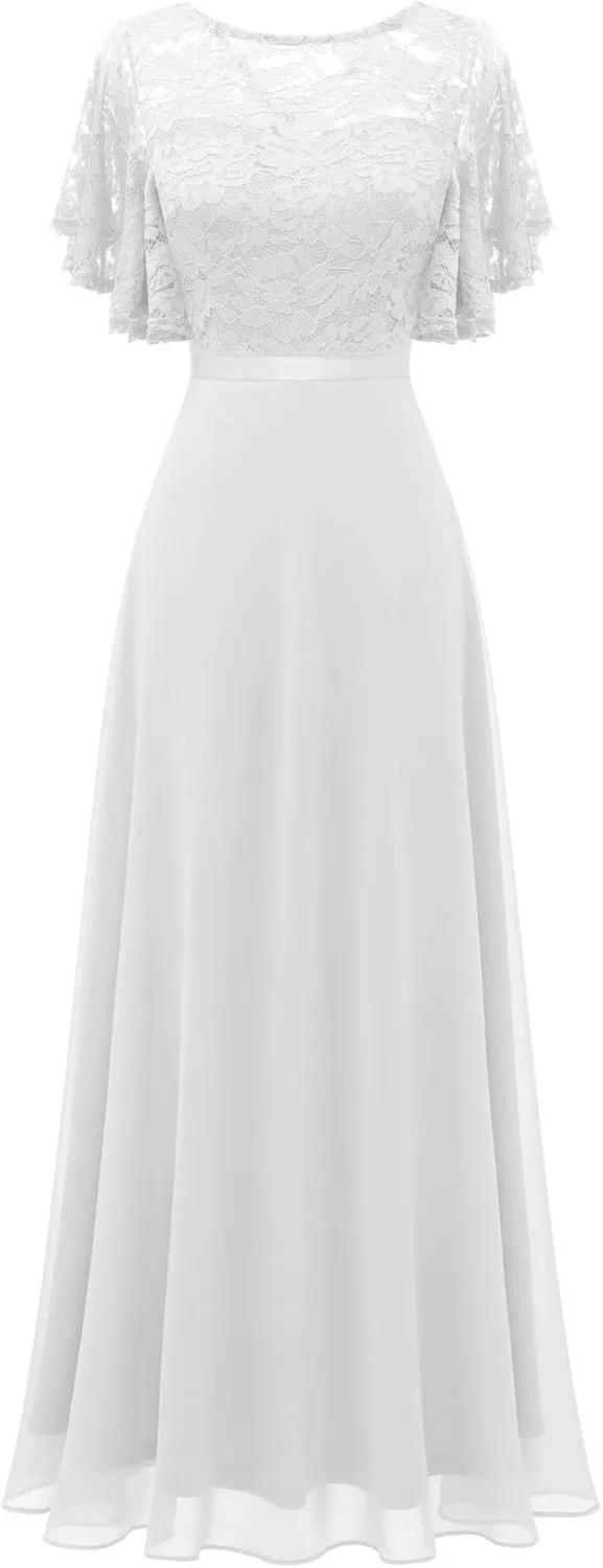 DRESSTELLS Lace Wedding Guest Formal Dresses, V-Back Empire Waist Bridesmaid Prom Party Evening Gown 2025