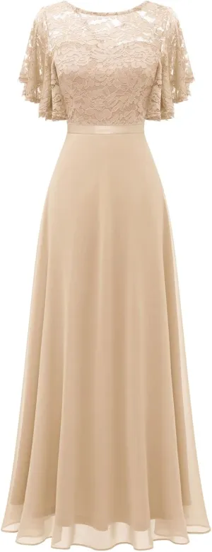 DRESSTELLS Lace Wedding Guest Formal Dresses, V-Back Empire Waist Bridesmaid Prom Party Evening Gown 2025