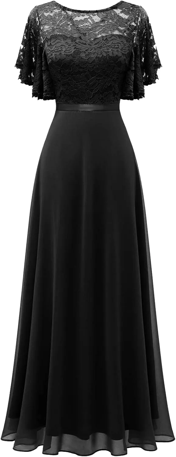 DRESSTELLS Lace Wedding Guest Formal Dresses, V-Back Empire Waist Bridesmaid Prom Party Evening Gown 2025