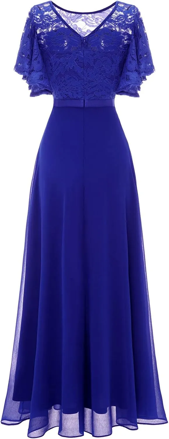 DRESSTELLS Lace Wedding Guest Formal Dresses, V-Back Empire Waist Bridesmaid Prom Party Evening Gown 2025