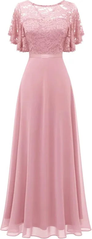 DRESSTELLS Lace Wedding Guest Formal Dresses, V-Back Empire Waist Bridesmaid Prom Party Evening Gown 2025