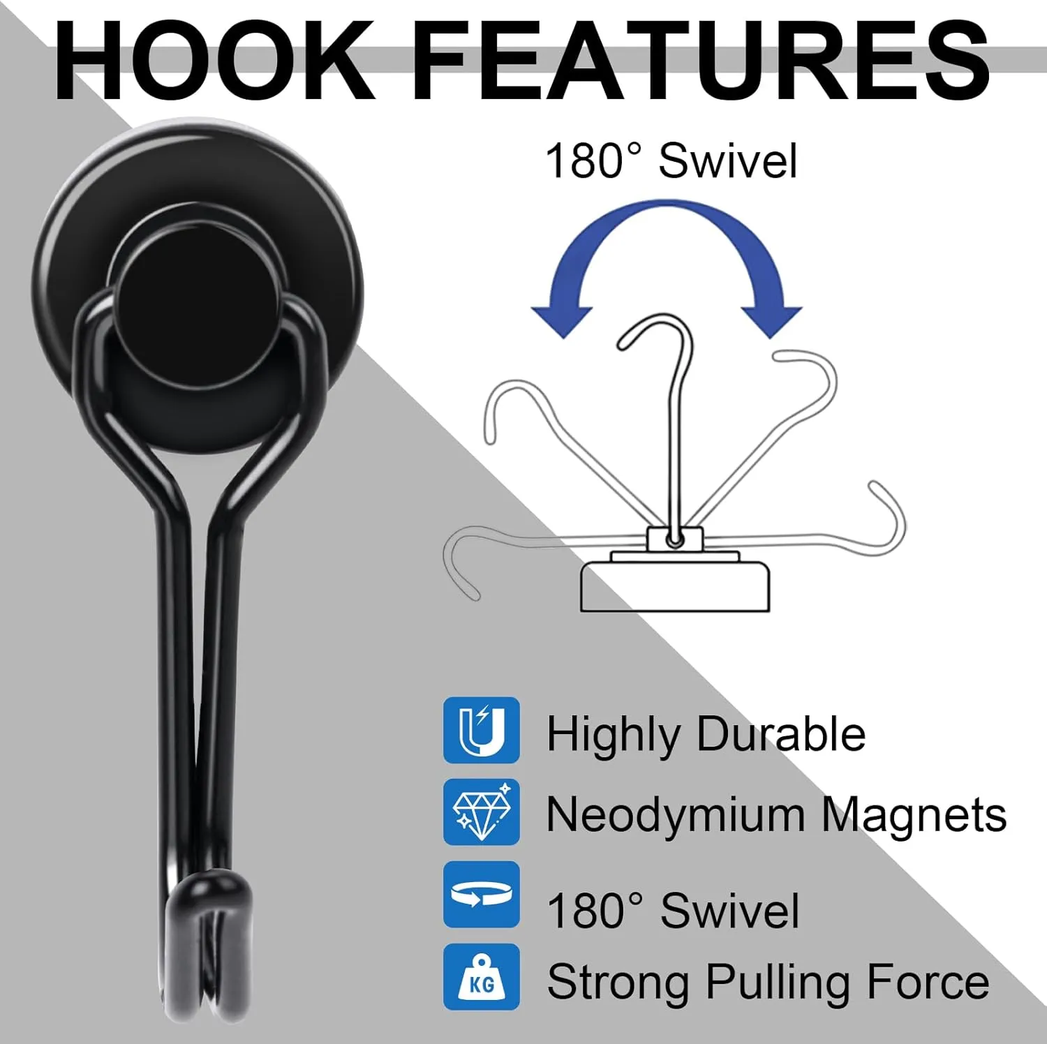 E BAVITE Swivel Swing Black Magnetic Hooks,30LBS Powerful Strong Neodymium Rare Earth Magnetic Hooks. Perfect for Refrigerator, Kitchen and Other Magnetic Surfaces, Pack of 50