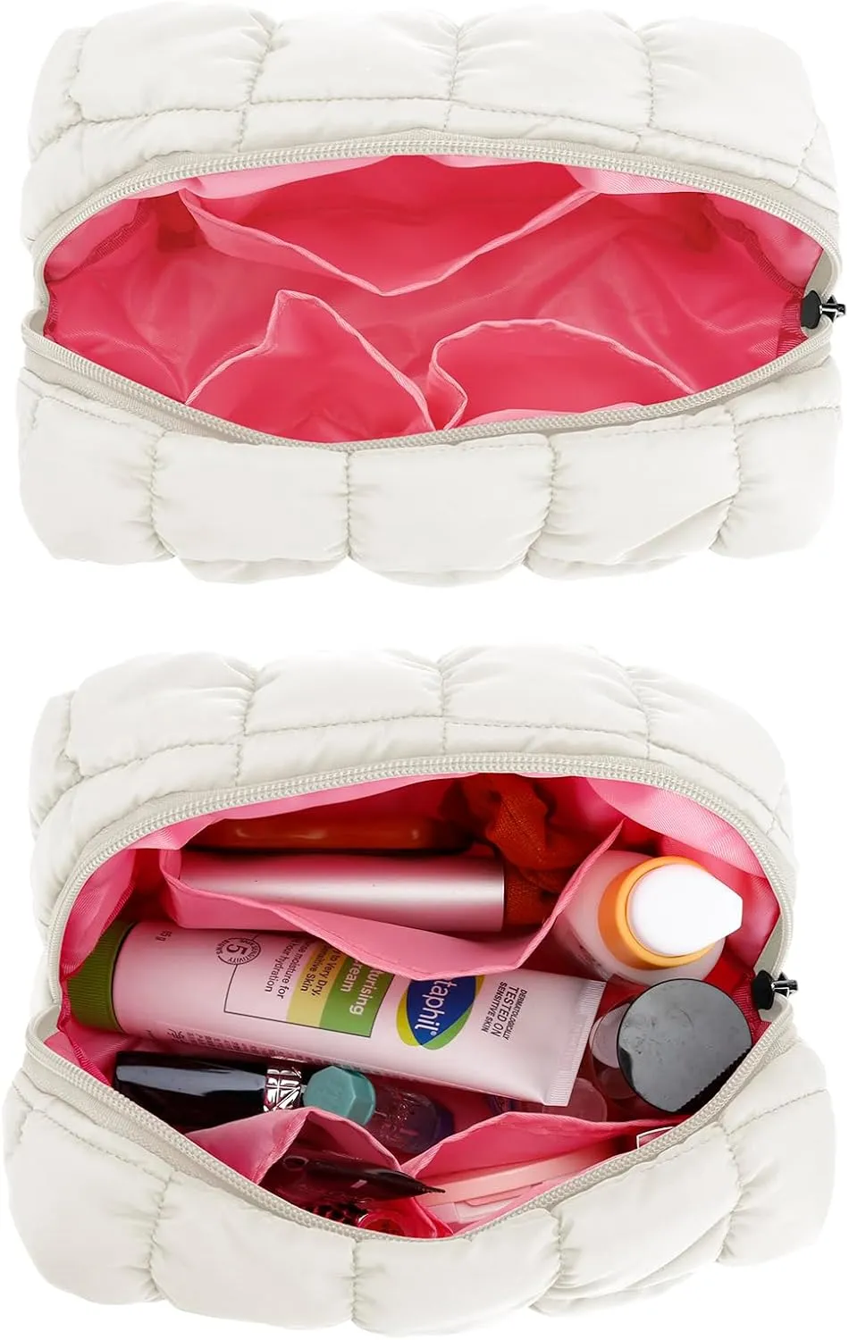 E-Tree Cute Makeup Bag,Quilted Cosmetic Bag,Make up Pouch for Purse,Toiletry Zipper Pouch,Checkered Bag,Travel Case,Storage Pouches for Organization (White)