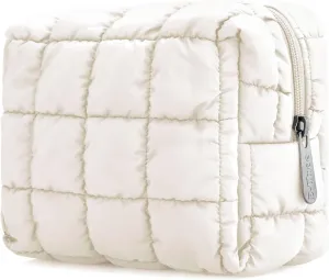 E-Tree Cute Makeup Bag,Quilted Cosmetic Bag,Make up Pouch for Purse,Toiletry Zipper Pouch,Checkered Bag,Travel Case,Storage Pouches for Organization (White)
