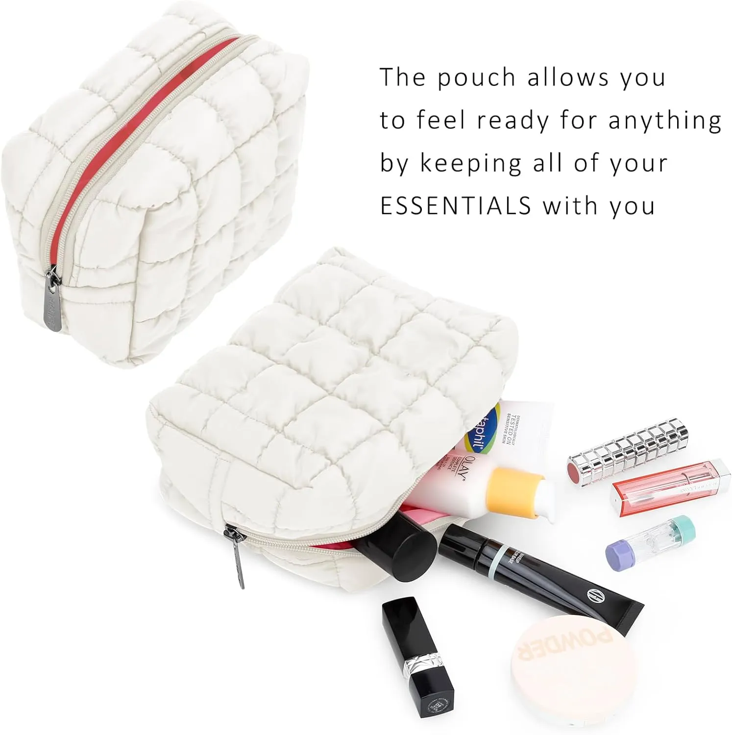 E-Tree Cute Makeup Bag,Quilted Cosmetic Bag,Make up Pouch for Purse,Toiletry Zipper Pouch,Checkered Bag,Travel Case,Storage Pouches for Organization (White)