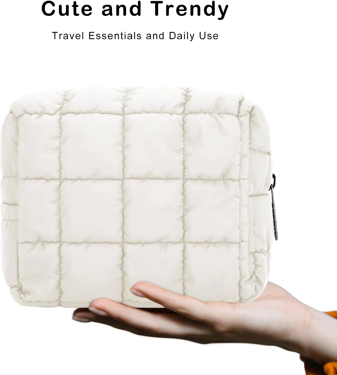 E-Tree Cute Makeup Bag,Quilted Cosmetic Bag,Make up Pouch for Purse,Toiletry Zipper Pouch,Checkered Bag,Travel Case,Storage Pouches for Organization (White)