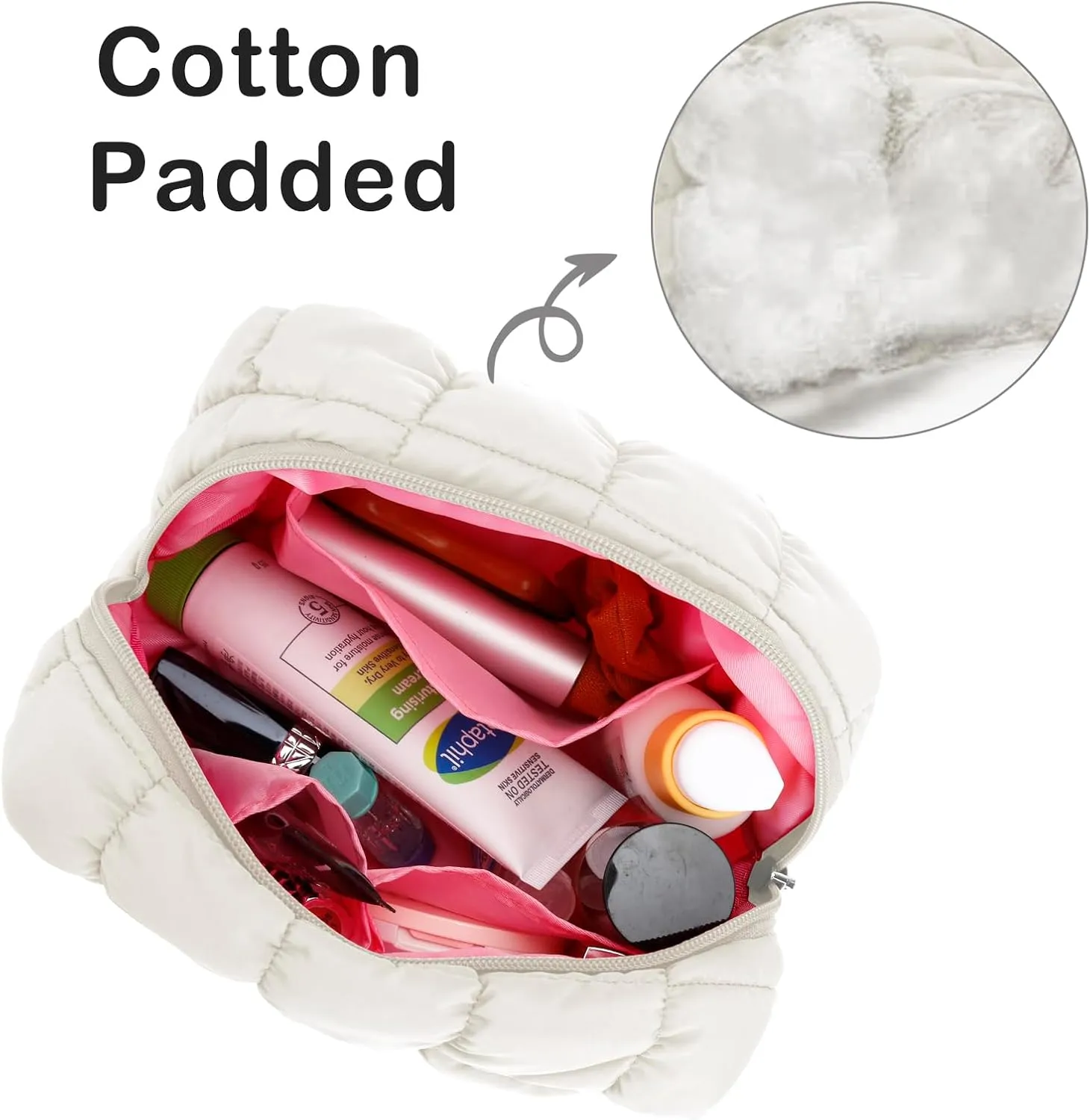 E-Tree Cute Makeup Bag,Quilted Cosmetic Bag,Make up Pouch for Purse,Toiletry Zipper Pouch,Checkered Bag,Travel Case,Storage Pouches for Organization (White)