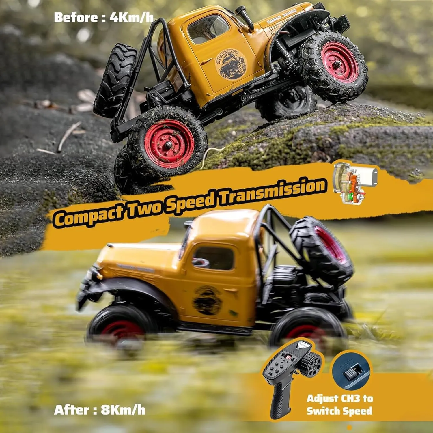 EAZYRC x FMS FCX 1/24 RC Semi Truck RTR, 4x4 RC Crawler for Sandland Desert Dirt Road for Men Boys with Battery, LED Light,Transmission and USB Charger (red)