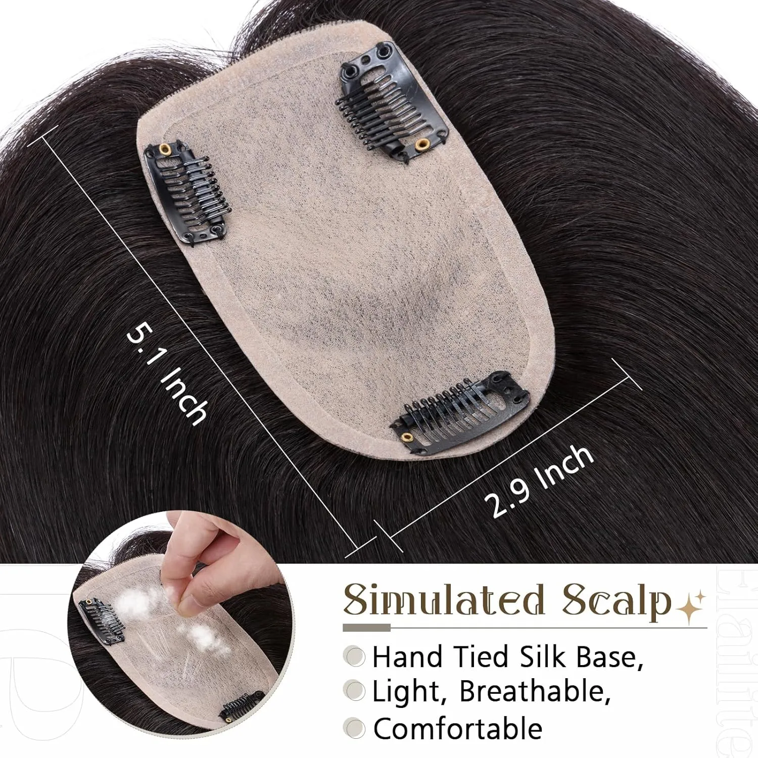 Elailite Hair Toppers for Women - Real Human Hair Free Parting for Thinning Cover, Clip in Pieces for Loss, Gray Fine 6 Inch #1B Natural Black