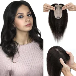 Elailite Hair Toppers for Women - Real Human Hair Free Parting for Thinning Cover, Clip in Pieces for Loss, Gray Fine 6 Inch #1B Natural Black