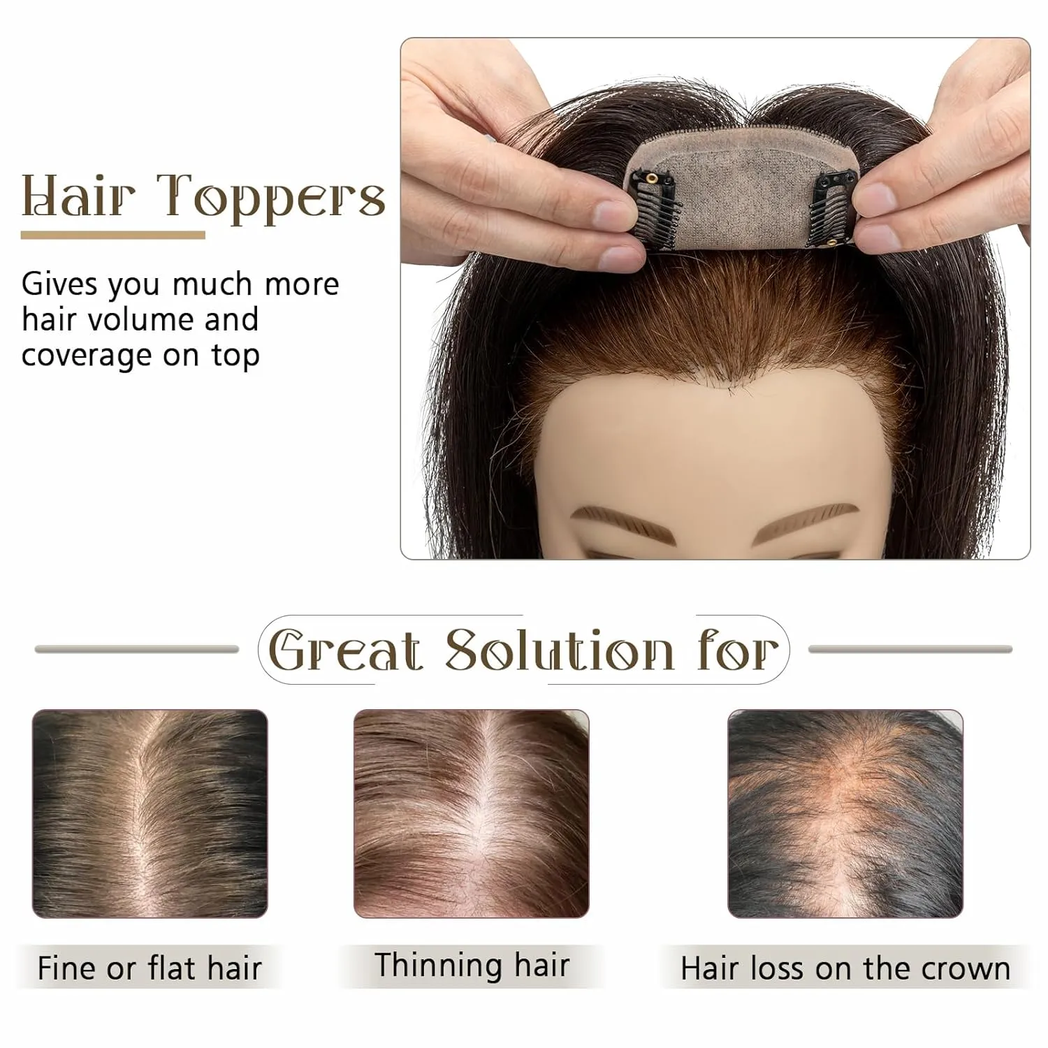 Elailite Hair Toppers for Women - Real Human Hair Free Parting for Thinning Cover, Clip in Pieces for Loss, Gray Fine 6 Inch #1B Natural Black