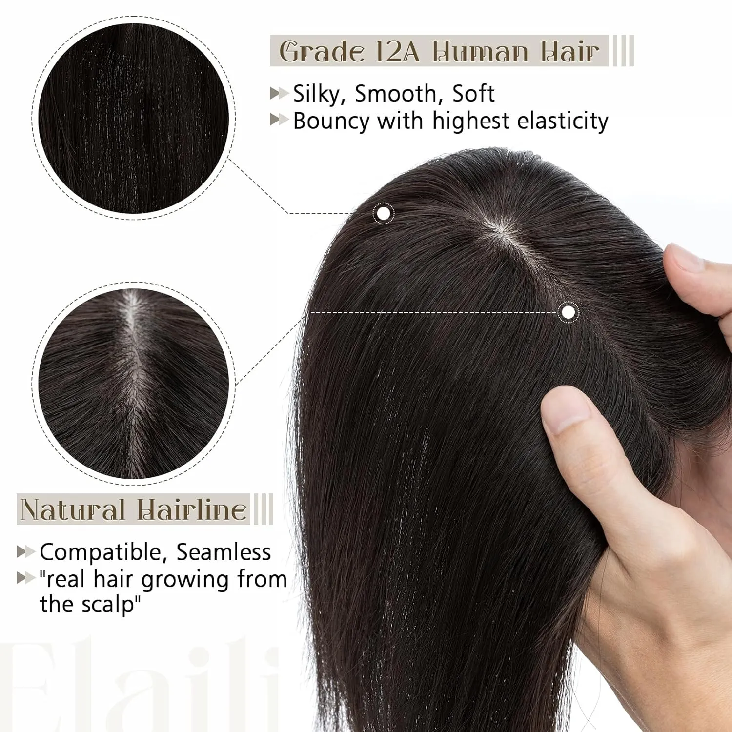 Elailite Hair Toppers for Women - Real Human Hair Free Parting for Thinning Cover, Clip in Pieces for Loss, Gray Fine 6 Inch #1B Natural Black
