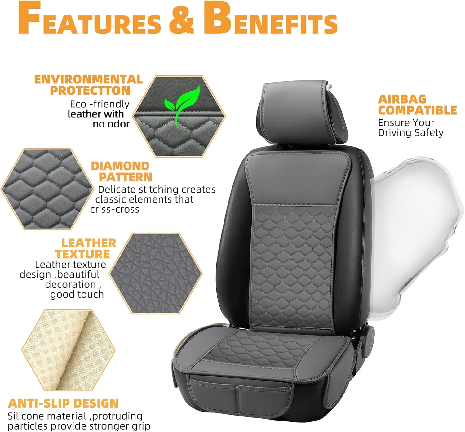 Elantrip 2PCs Front Car Seat Covers Leather Car Seat Protector Universal fit for Most Cars SUVs and Trucks Water Proof Seat Protector Gray