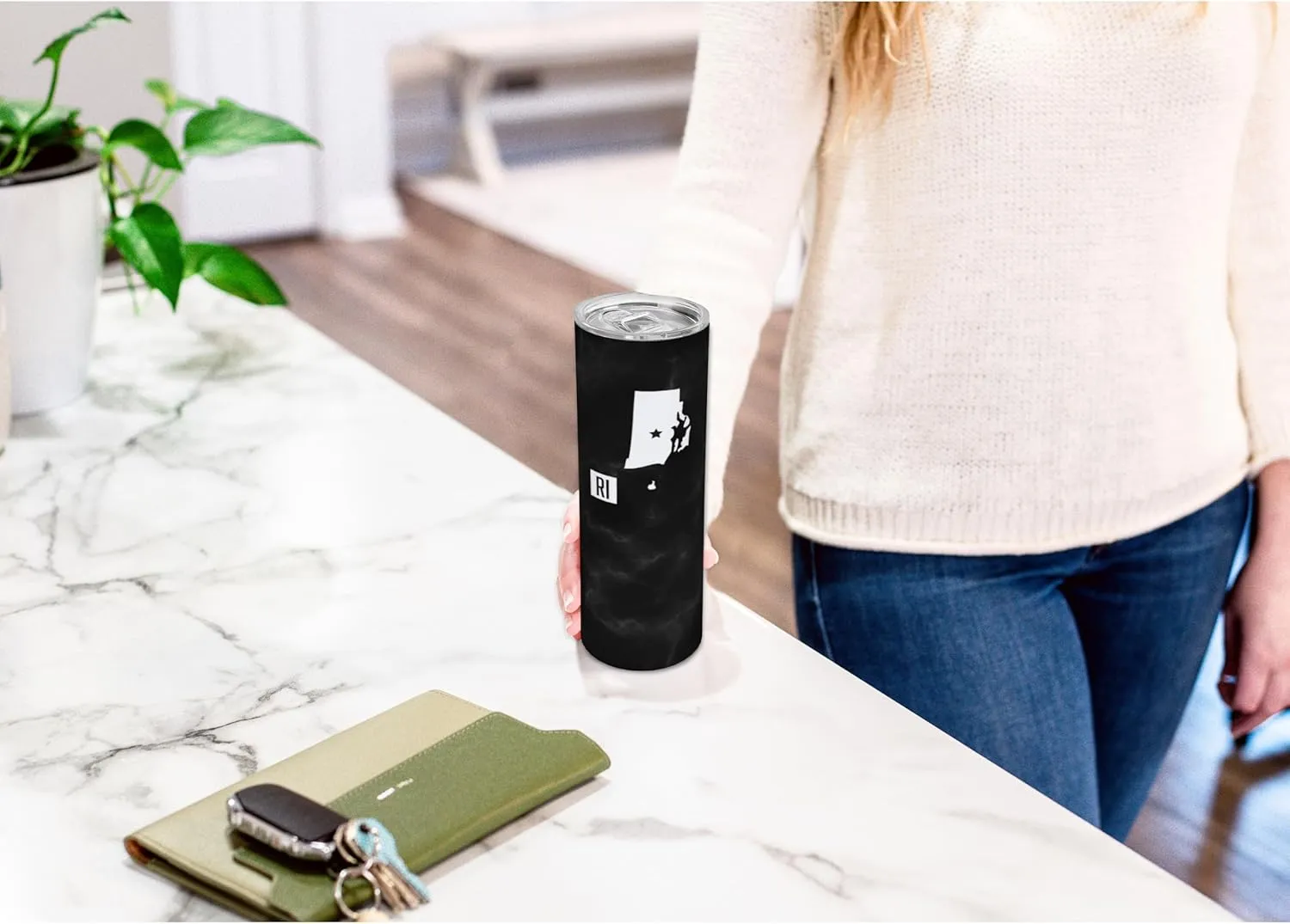 Elanze Designs State of Rhode Island RI Providence Capital City Wrap-Around Design 20 Ounce Stainless Steel On-The-Go Coffee Travel Insulated Skinny Tumbler Mug Cup with Slide Top Lid