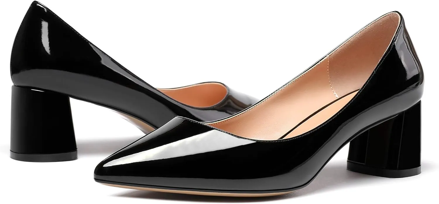 Eldof Women's Chunky Block Low Heels Closed Pointy Toe Classic Pumps Comfort Slip-on Party Evening Dress Heeled Shoes 5 CM