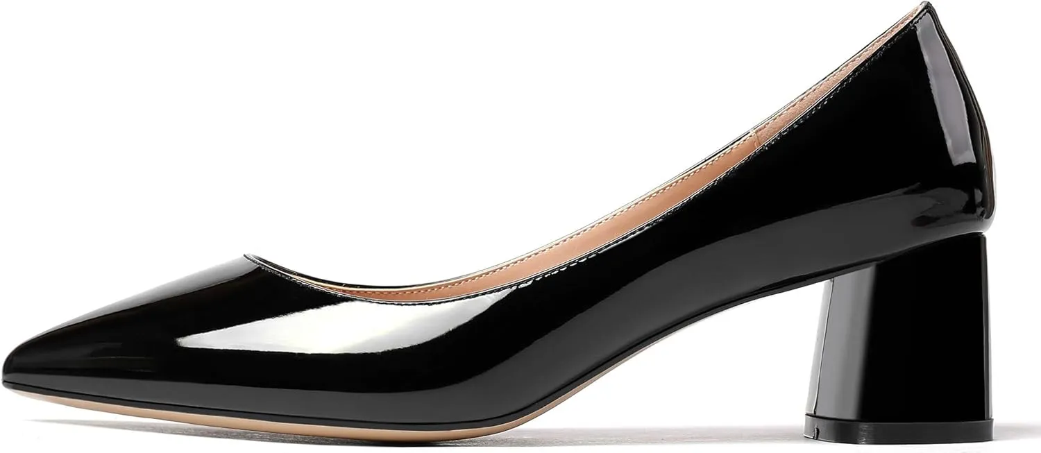 Eldof Women's Chunky Block Low Heels Closed Pointy Toe Classic Pumps Comfort Slip-on Party Evening Dress Heeled Shoes 5 CM