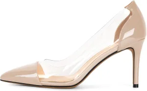 Eldof Women's Stilettos Pumps Pointed Toe Clear Transparent PVC Vamp High Heels Slip on 3 Inch Wedding Dressy Work Shoes