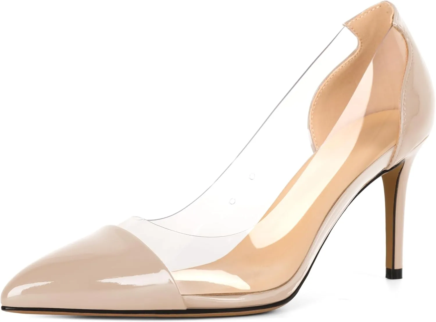 Eldof Women's Stilettos Pumps Pointed Toe Clear Transparent PVC Vamp High Heels Slip on 3 Inch Wedding Dressy Work Shoes