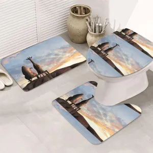 Elephant Giraffe On A Mountain Top Sunset Bathroom Rug Sets 3 Piece Soft Area Rugs Set, 31.5x19.7in Non-Slip Extra Soft Absorbent Washable & Dry Toilet Bath Mat Sets