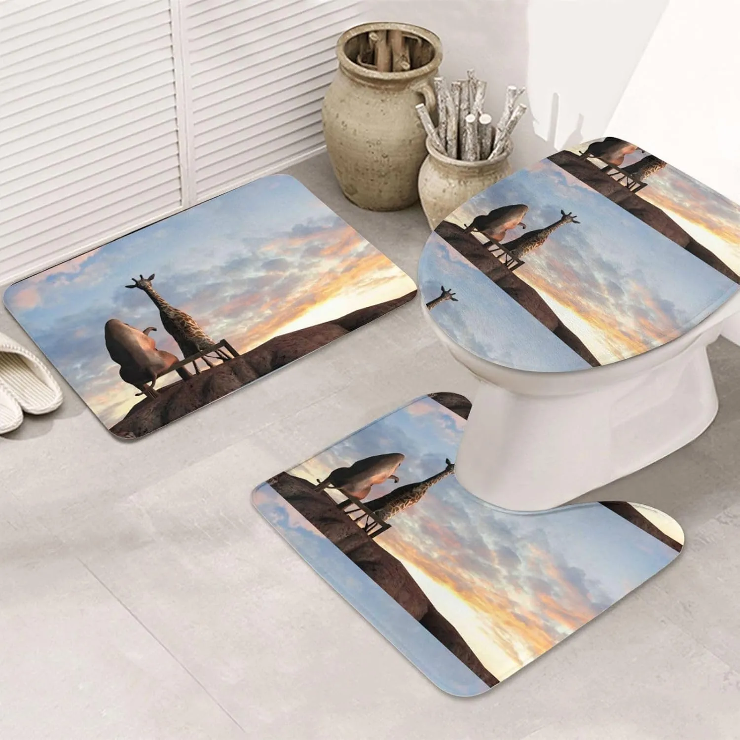 Elephant Giraffe On A Mountain Top Sunset Bathroom Rug Sets 3 Piece Soft Area Rugs Set, 31.5x19.7in Non-Slip Extra Soft Absorbent Washable & Dry Toilet Bath Mat Sets