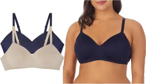 ELLEN TRACY Everyday Micro Wire-Free T-Shirt Bra - Smoothing Comfort - Adjustable Straps - 2-Pack Multipack - 36D Mushroom/Navy
