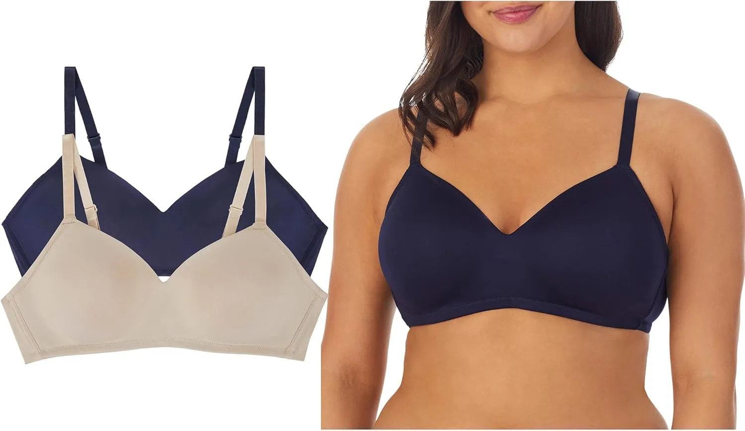 ELLEN TRACY Everyday Micro Wire-Free T-Shirt Bra - Smoothing Comfort - Adjustable Straps - 2-Pack Multipack - 36D Mushroom/Navy