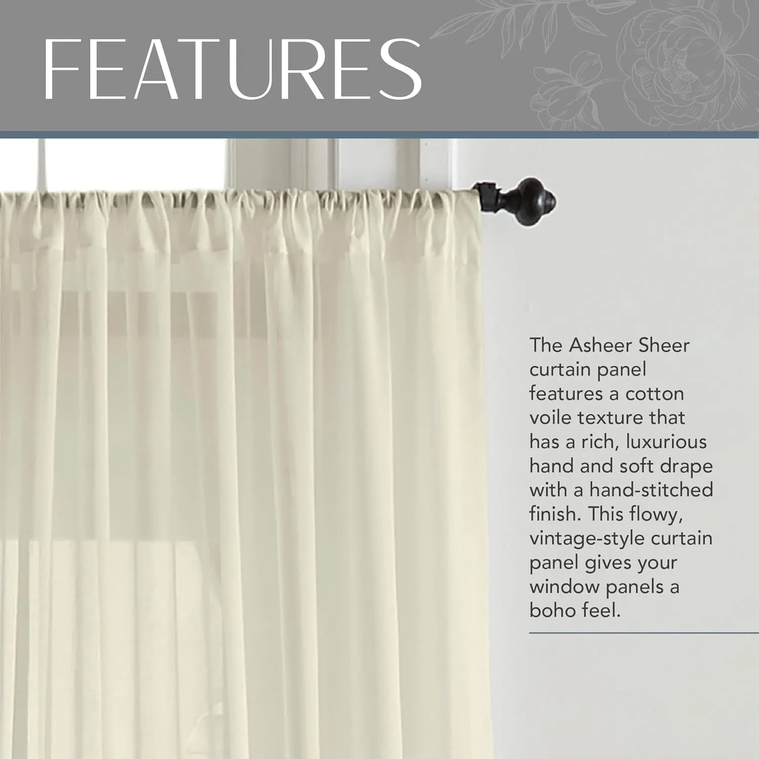 Elrene Home Fashions Asher Cotton Voile Sheer Curtain Panel, Single Panel, 52 in x 84 in (1 Panel), Ivory