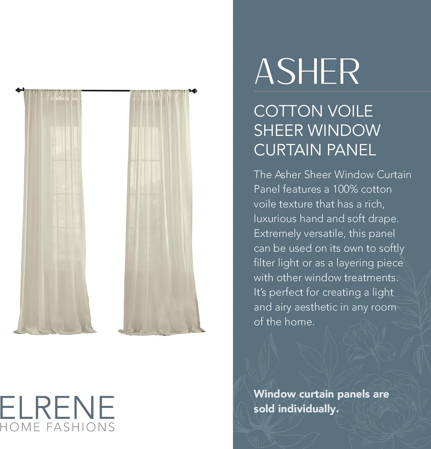Elrene Home Fashions Asher Cotton Voile Sheer Curtain Panel, Single Panel, 52 in x 84 in (1 Panel), Ivory