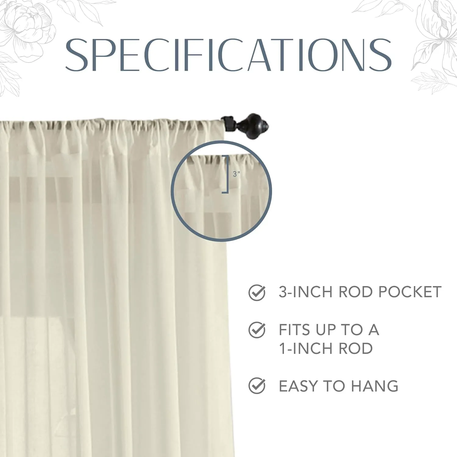 Elrene Home Fashions Asher Cotton Voile Sheer Curtain Panel, Single Panel, 52 in x 84 in (1 Panel), Ivory