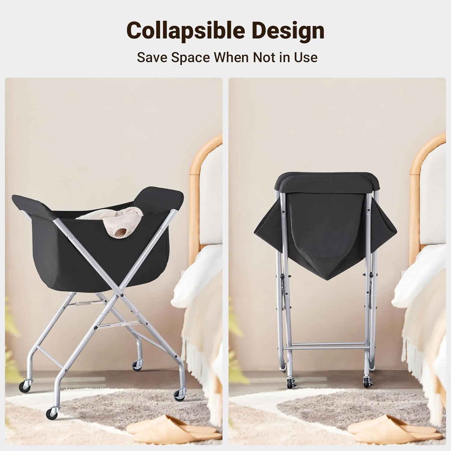 ELYKEN Laundry Cart with Wheels, 32”H Easy Rolling Laundry Hamper with Removable Liner Bag, Sturdy Metal Frame Clothes Basket with 4 Casters and 2 Brakes