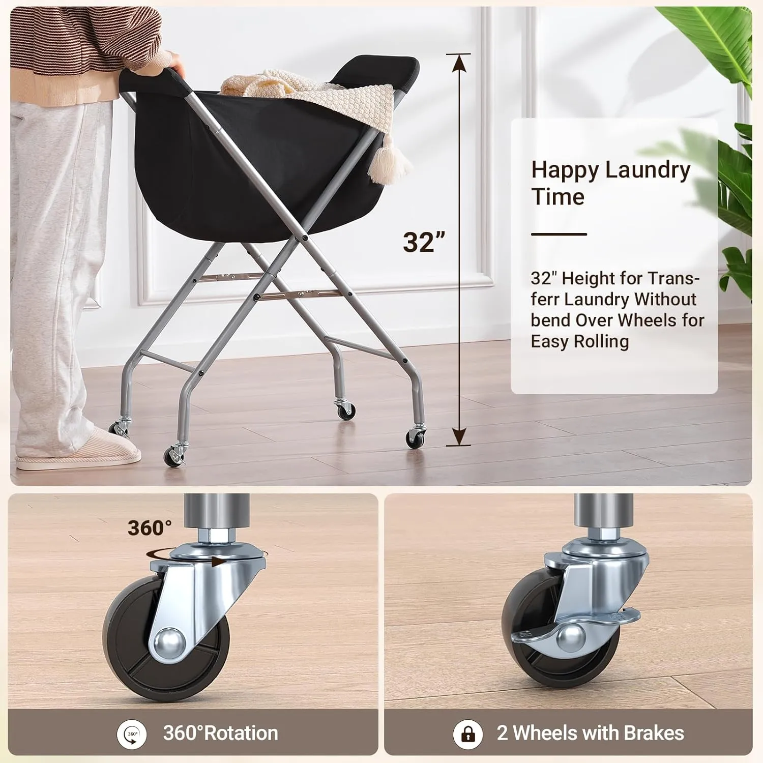 ELYKEN Laundry Cart with Wheels, 32”H Easy Rolling Laundry Hamper with Removable Liner Bag, Sturdy Metal Frame Clothes Basket with 4 Casters and 2 Brakes