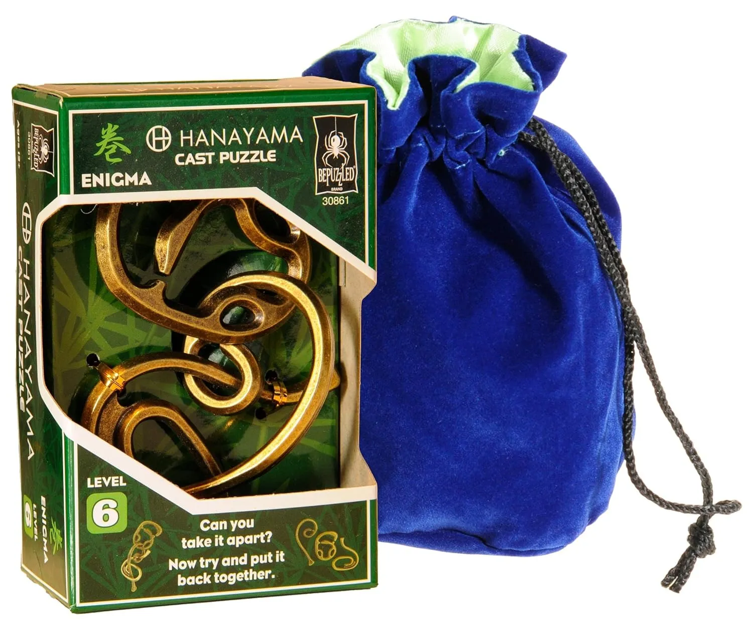 Enigma Hanayama Cast Metal Brain Teaser Puzzle, Level 6 Difficulty, with Blue Velveteen, Satin Lined Drawstring Pouch-L8