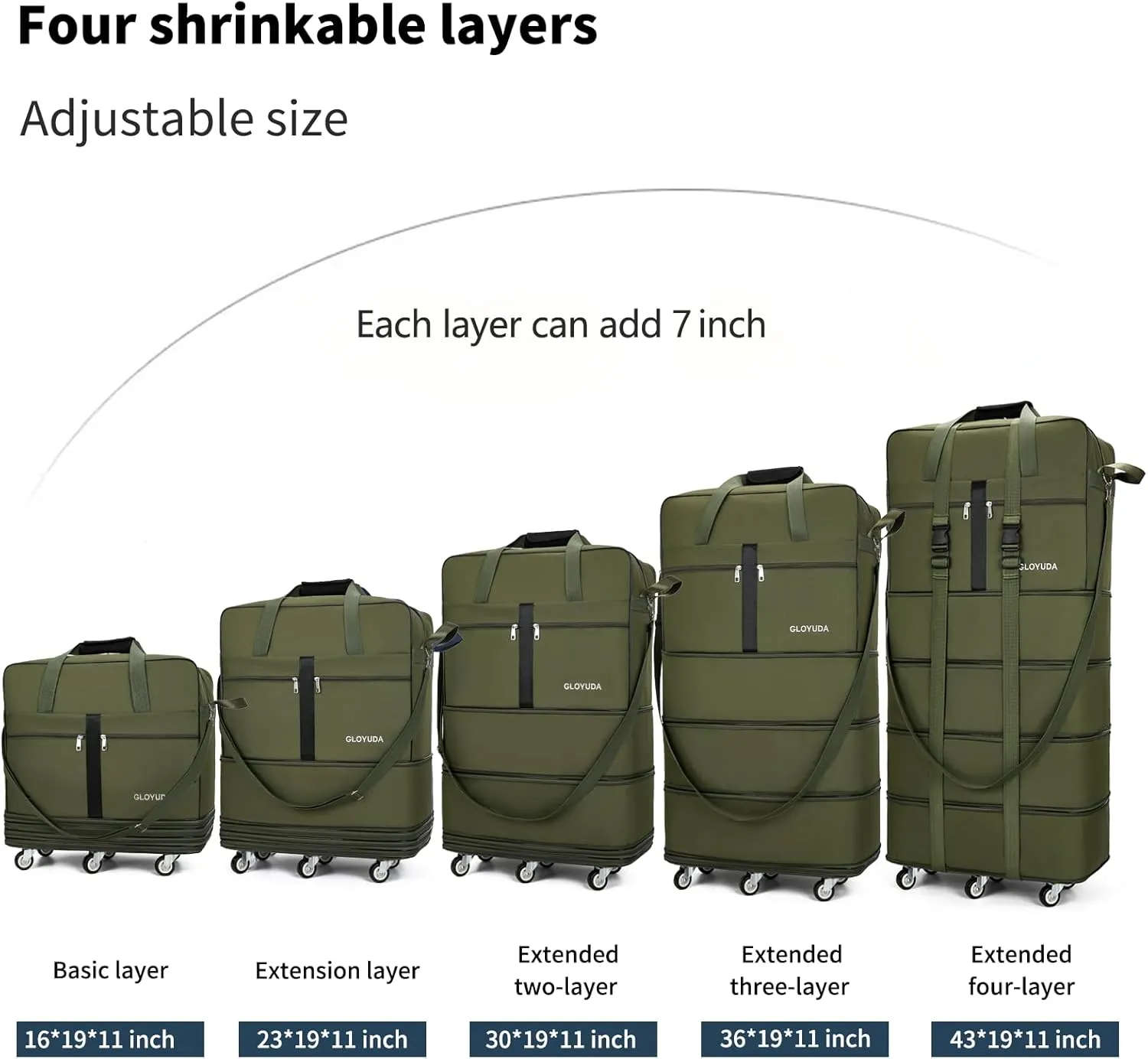 Expandable Foldable Luggage, 42'' Suitcase With Spinner Wheels, Rolling Duffel Travel Bag, Collapsible Luggage, With 2 Suitcase Handle Wrap and 2 Fixing Straps, 1 Shoulder Strap (Green)