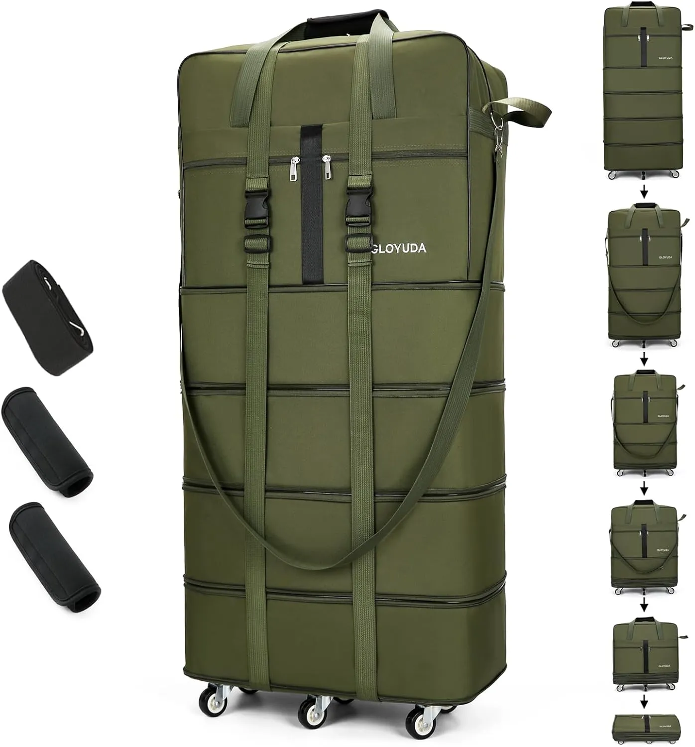 Expandable Foldable Luggage, 42'' Suitcase With Spinner Wheels, Rolling Duffel Travel Bag, Collapsible Luggage, With 2 Suitcase Handle Wrap and 2 Fixing Straps, 1 Shoulder Strap (Green)