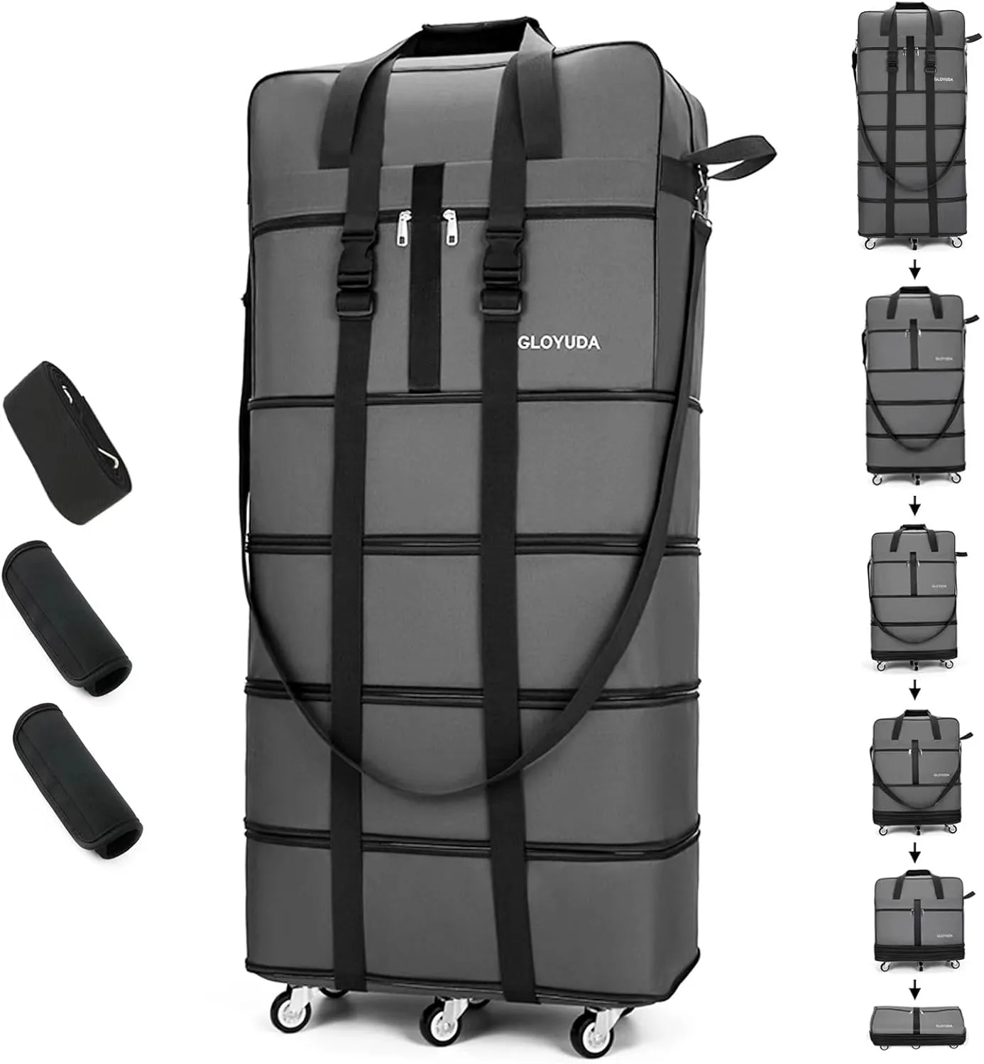 Expandable Foldable Luggage, 42'' Suitcase With Spinner Wheels, Rolling Duffel Travel Bag, Collapsible Luggage, With 2 Suitcase Handle Wrap and 2 Fixing Straps, 1 Shoulder Strap (Grey)