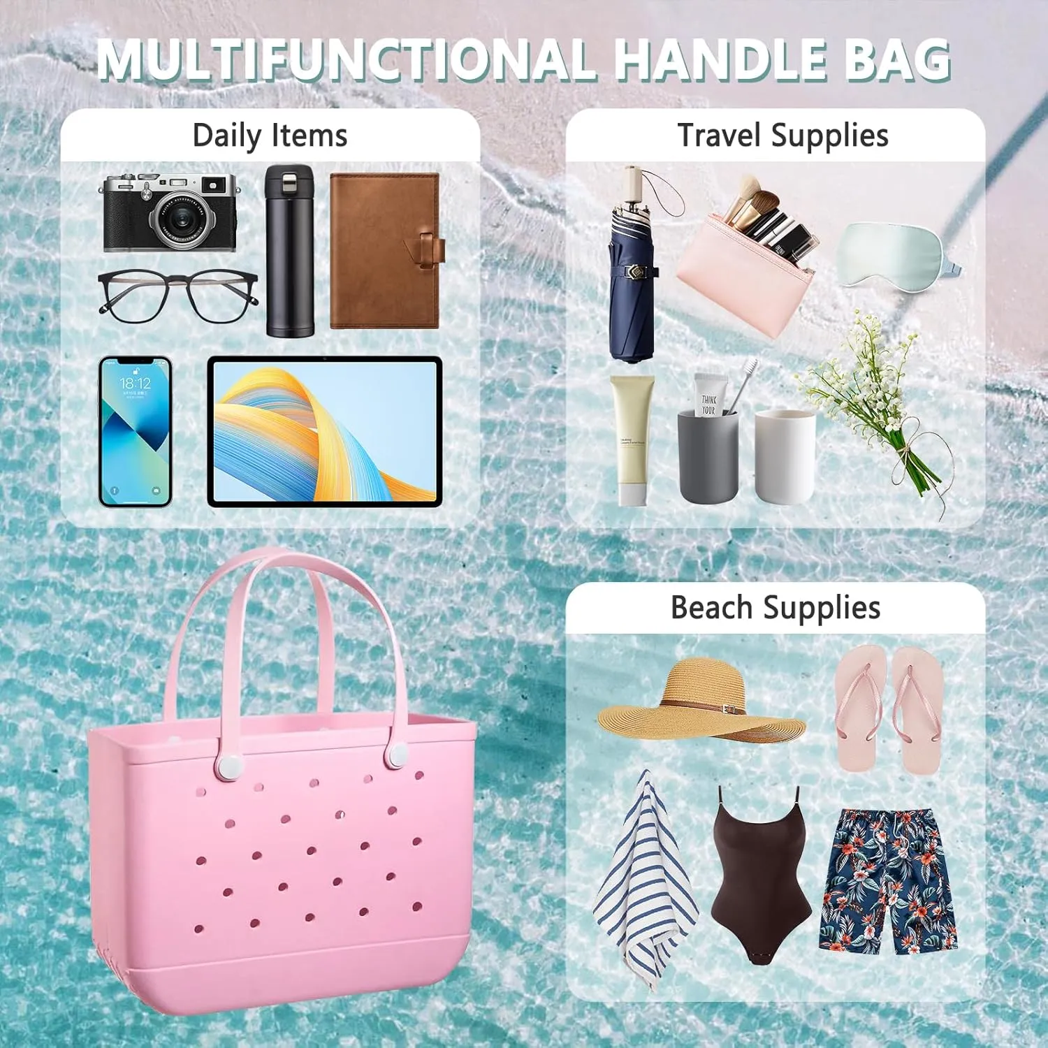 Extra Large Rubber Tote Bag for Women & Men, Waterproof Lightweight Travel X-Large Beach Bag for Boat & Pool