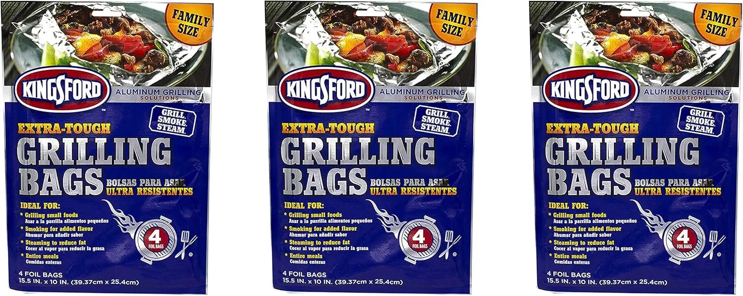 Extra Tough Aluminum Grill Bags, For Locking in Flavors & Easy Grill Clean Up, Recyclable & Disposable, 15.5" x 10", Pack of 4, Silver (Тhrее Pаck)