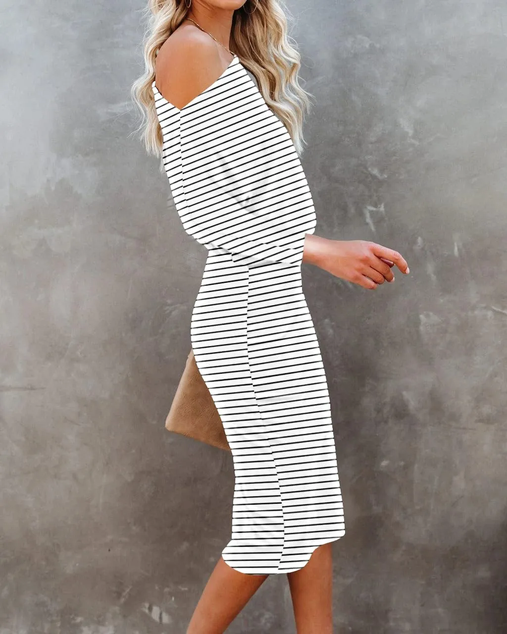 Ezbelle Women's Off The Shoulder 3/4 Sleeve Batwing HIPS-Wrap Pencil Party Sexy Bodycon Midi Dress Loose