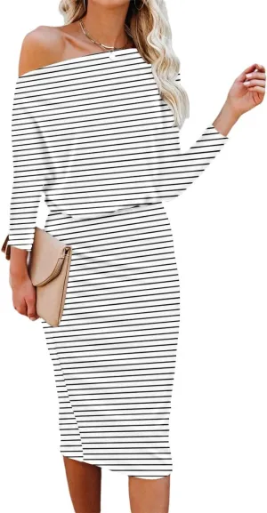 Ezbelle Women's Off The Shoulder 3/4 Sleeve Batwing HIPS-Wrap Pencil Party Sexy Bodycon Midi Dress Loose