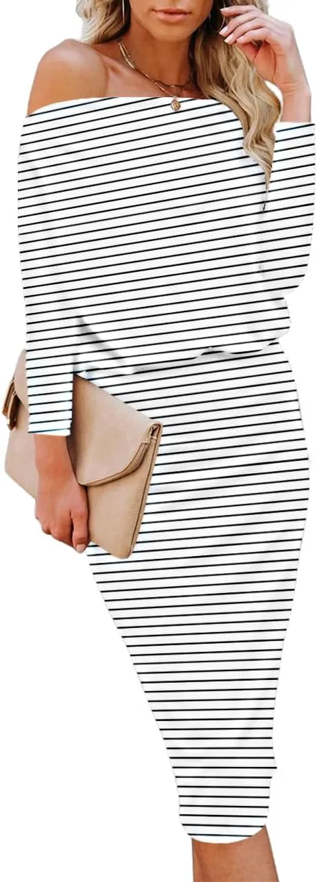 Ezbelle Women's Off The Shoulder 3/4 Sleeve Batwing HIPS-Wrap Pencil Party Sexy Bodycon Midi Dress Loose