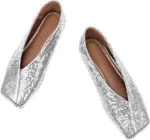 Fandimeier Women's Square Toe Ballet Flats Shoes Snakeskin Dressy Comfortable Slip-on Metallic Leather Ballerina Flats